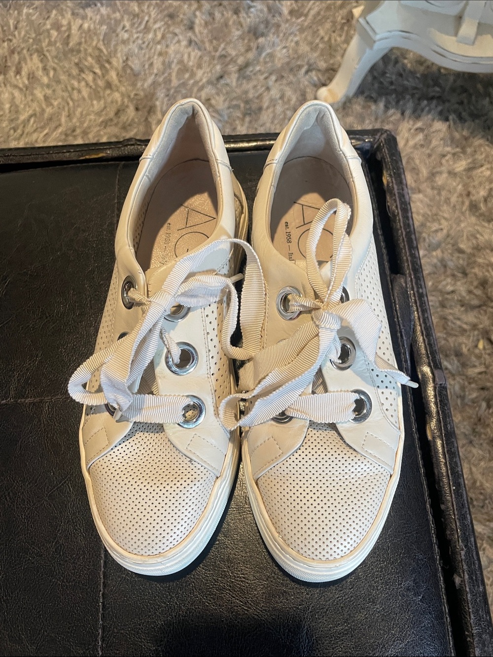 AGL Perforated Leather Platform Tie Sneakers off white